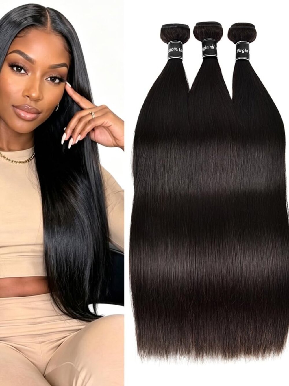 3 Bundles 16" 12A Black Straight Human Hair Double Weft Extensions